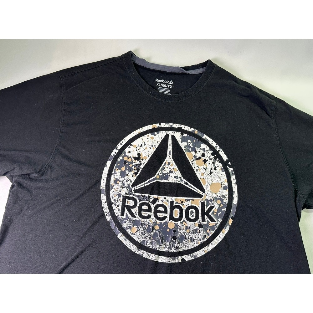 Reebok Delta Logo Paint Splatter Graphic T-Shirt Black Rainbow Graffiti XL‎